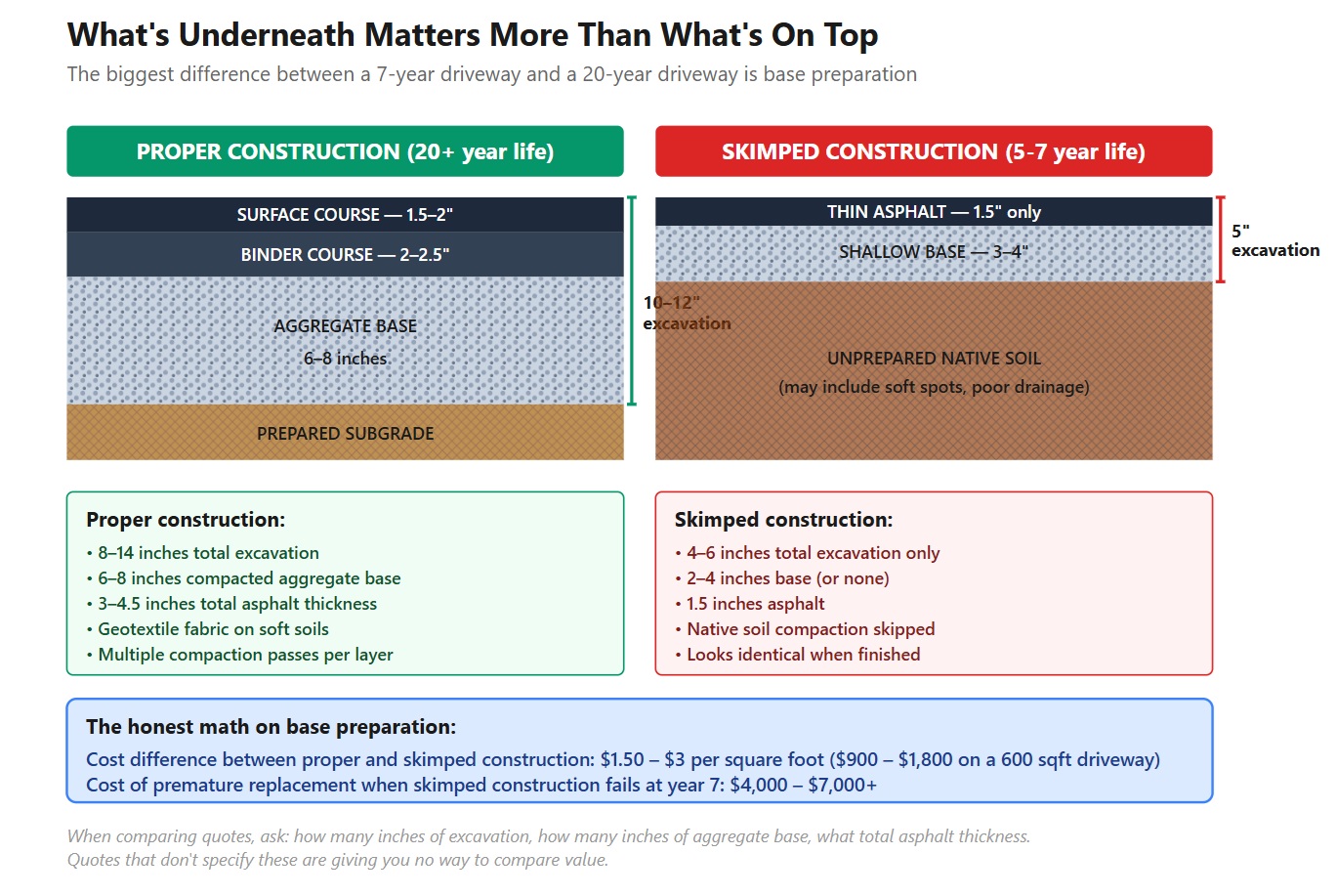 Asphalt driveway cross-section showing base prep components