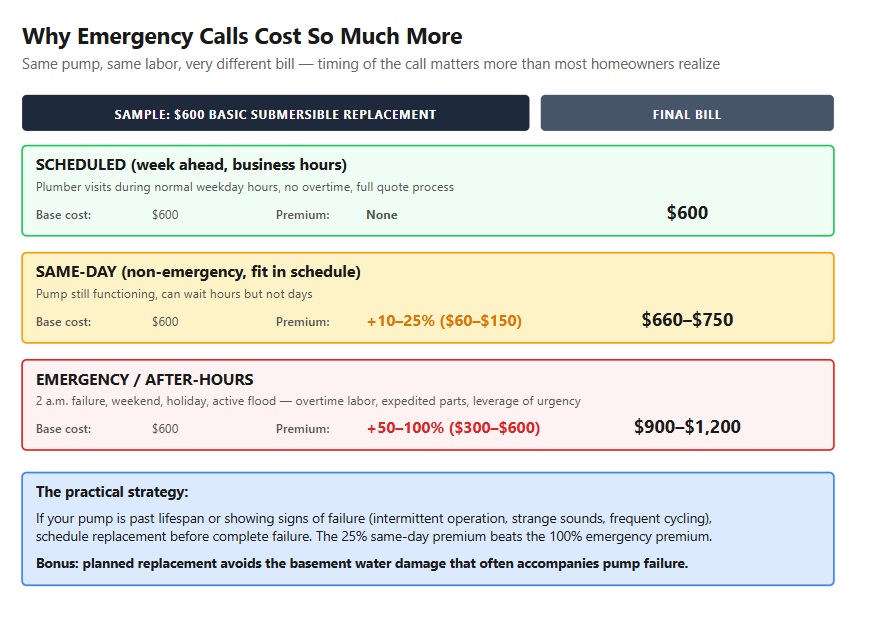 Emergency vs planned sump pump replacement cost premium